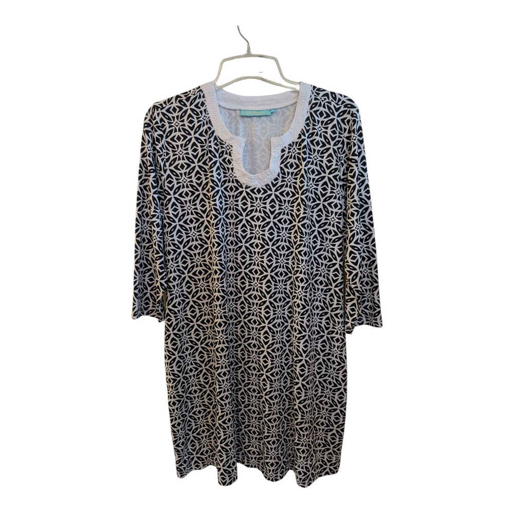 Anthony's Resortwear Black & White Geo Print 3/4 Sleeve Cover Up 1X